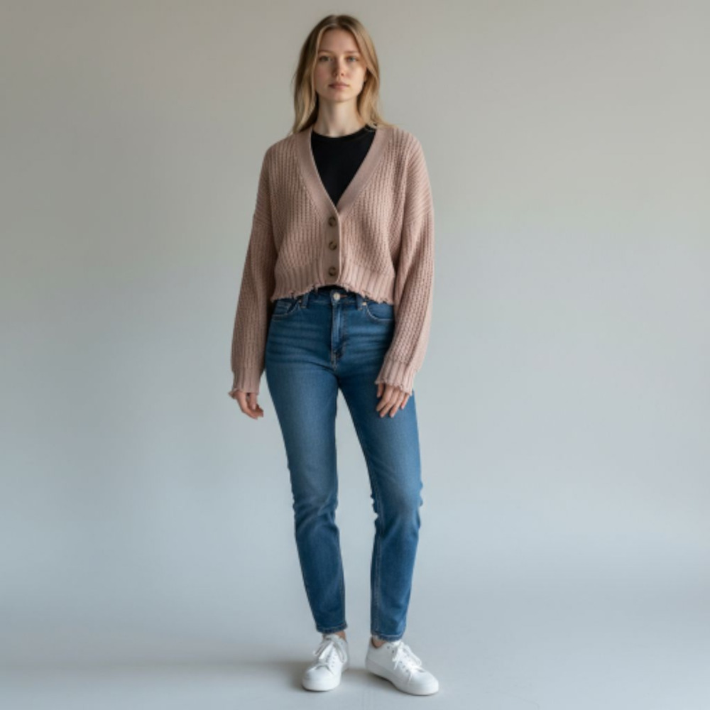 No Comment Tan Distressed Cardigan Sweater V Neck M Grunge Cozy Casual Layering - Picture 2 of 10